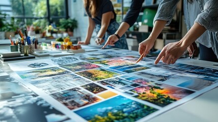 Creative team reviews visual concepts on large table.