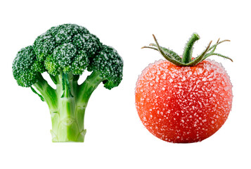 Frosted broccoli and tomato with ice crystals isolated on transparent background. Fresh frozen vegetables for healthy eating concept.
