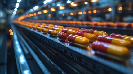 Pharmaceutical Industry Red Yellow Capsules on Conveyor Belt Streamlined for Automated Production