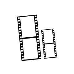 Two minimalist black film strip outlines, one larger and one smaller, featuring blank frames and perforations, set against a white background.