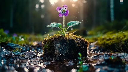 Resilient Purple Flower Blooming After the Rain in a Forest