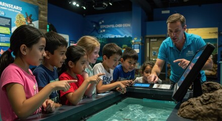 Group of engaged children eagerly learning about marine life from a guide at an interactive aquarium exhibit with glowing tanks and diverse fish species.
