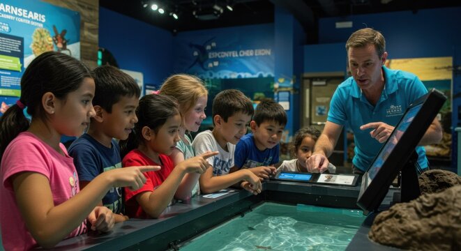 Group of engaged children eagerly learning about marine life from a guide at an interactive aquarium exhibit with glowing tanks and diverse fish species.