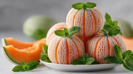 Ripe cantaloupes create a vibrant summer display with mint salad