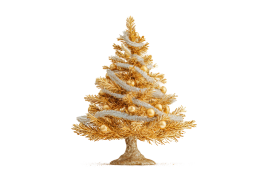 PNG Golden christmas tree with silver garland and baubles on black background