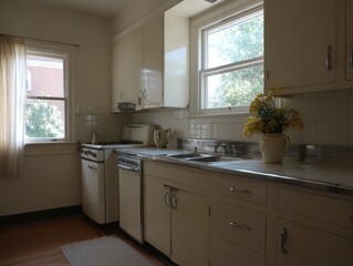 Vintage kitchen with cream-colored cabinets and appliances.