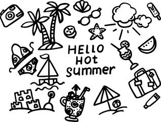 Summer-themed doodles with palm trees, drinks, and beach elements  