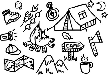 Fototapeta premium Camping icons collection featuring tents, campfire, and map 