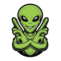 A cute green cartoon monster with a happy frog-like face is a funny alien character