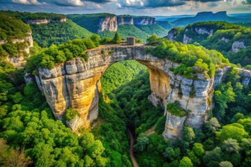 Obraz premium Aerial View of Majestic Stone Arch with Scenic Landscape, Natural Rock Formation, Breathtaking Views, Adventure Destination, Nature's Masterpiece.