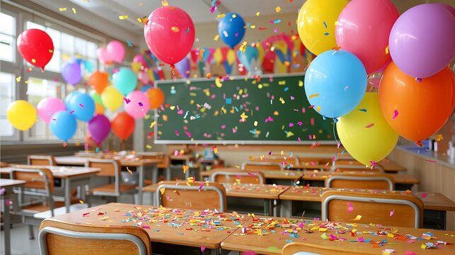 Vibrant balloons and confetti fill an empty classroom - festive celebration