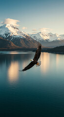 Eagle soaring over lake in front of snow capped mountains
