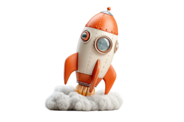 PNG Vintage orange and white toy rocket launching with smoke trail
