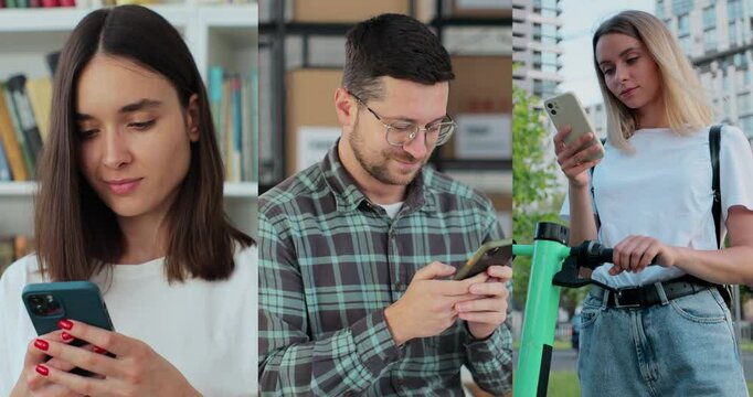 Multiscreen on people using smartphone in everyday life. Nomophobia - People using the mobile phone. No-mobile-phone phobia.