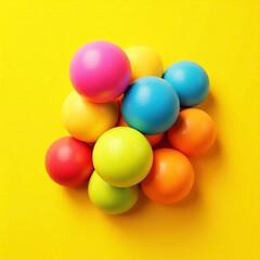 Colorful assortment of round vibrant shades balls arranged on bright yellow background. Cheerful atmosphere.