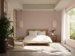 A serene bedroom interior featuring natural light and warm tones.