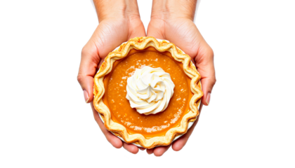 Person holding pumpkin pie with whipped cream for Thanksgiving Day  