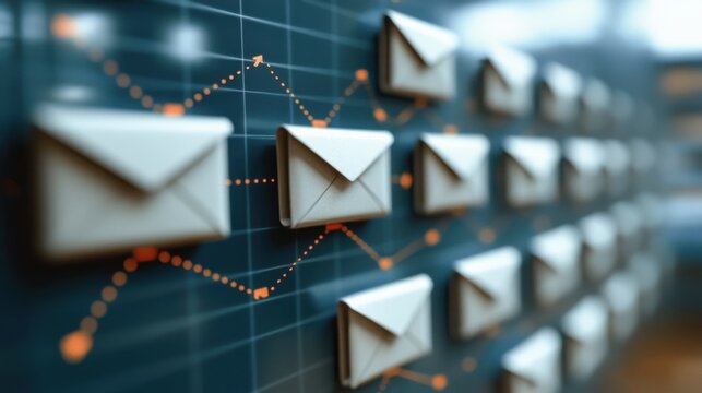 Digital communication network showcasing interconnected mail icons on a dark background