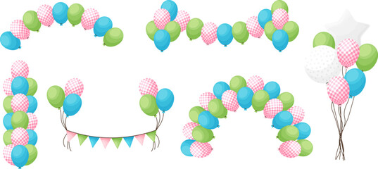 Balloon decoration arches and garlands, blue, green color,  cartoon vector illustration set