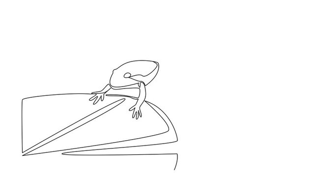Animation of continuous one line drawing frogs jump from one lotus leaf to another. Looking for mosquitoes. Swimming. Lowers body temperature. National Frog Jumping Day. Full length motion
