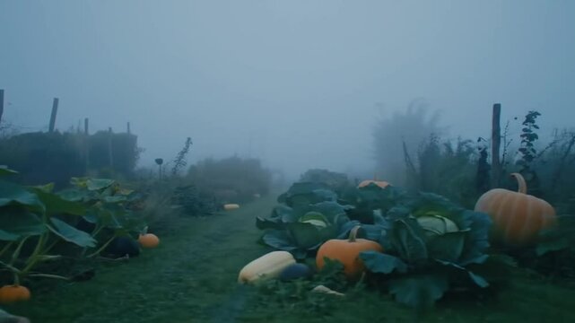 Eerie Autumnal Morning In A Pumpkin And Cabbage Patch Garden