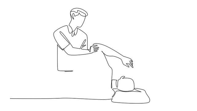 Animation of single one line drawing physiotherapist massaging the back a patient who is lying on side. Rehabilitation. Chiropractor. Spinal Cord Injury Awareness Day. Full length motion