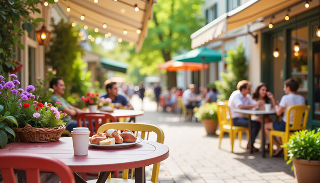 Cheerful patrons enjoying coffee at lively outdoor caf&eacute;, spring ambiance
