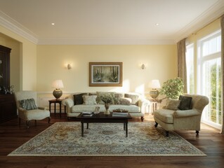 A beige living room with a traditional style.