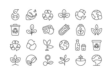 Minimalist outline icons showcase ecofriendly solutions including recycling, plant growth, and sustainable practices