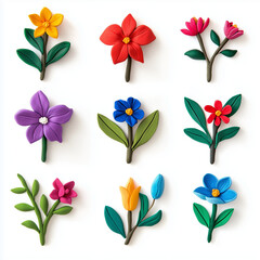 Set of flowers made of plasticine on white background
