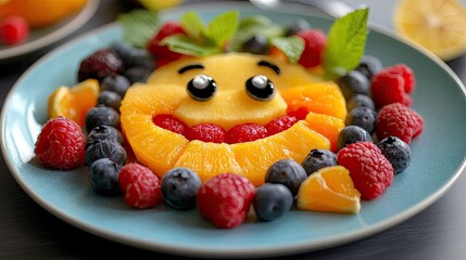 Colorful fruit arrangement shaped like a happy face.