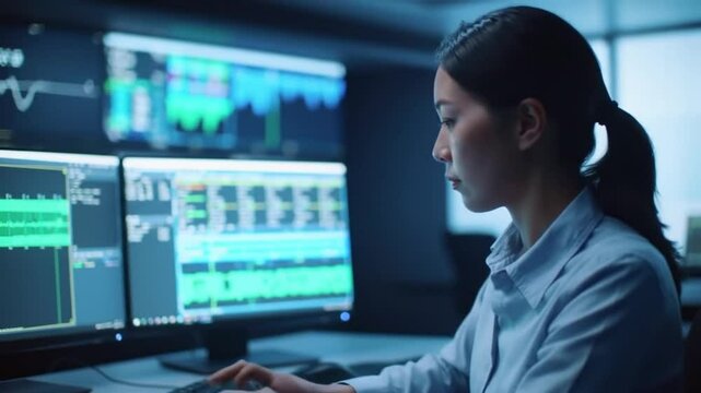 A woman uses two computer monitors to edit audio files. The screenshot shows files submitted successfully, along with keyword suggestions.

