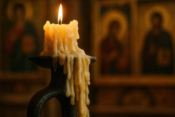 Melted wax candle burning on wrought iron holder in dimly lit church with blurry religious icons in the background