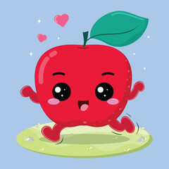 Happy And Cheerful Apple Fruit Cartoon Character Running In The Grassland