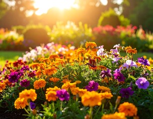 Obraz premium Colorful flower garden at sunset