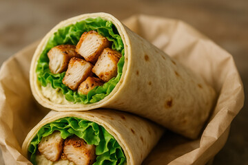 Fresh grilled chicken wrap with leafy lettuce and hummus in soft tortilla, served in rustic paper on a wooden table