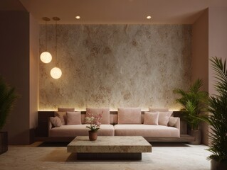 A cozy living room with a blush pink sectional sofa and a stone coffee table.
