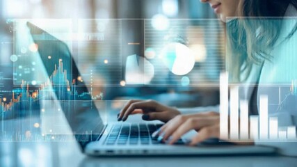 Businesswoman analyzing financial data, typing on laptop with digital graphs overlay - Powered by Adobe