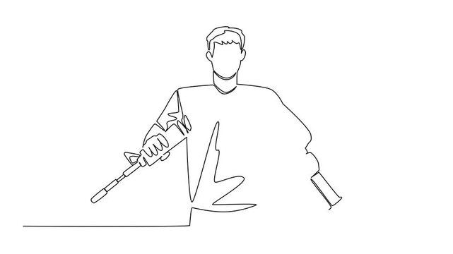 Self drawing animation continuous one line drawing a man in casual clothes holds and breaks a rifle with both hands. Momentum of peace. International Conscientious Objectors Day. Full length animated