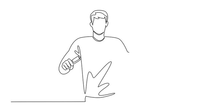 Animated self drawing of single continuous line drawing a man in casual clothes holds and breaks revolver handgun with both hands. International Conscientious Objectors Day. Full length animation