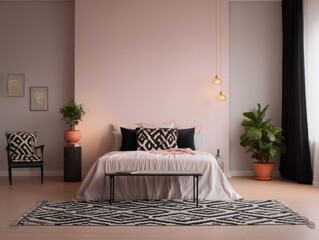 Stylish bedroom interior with blush pink walls and black and white patterned rug.