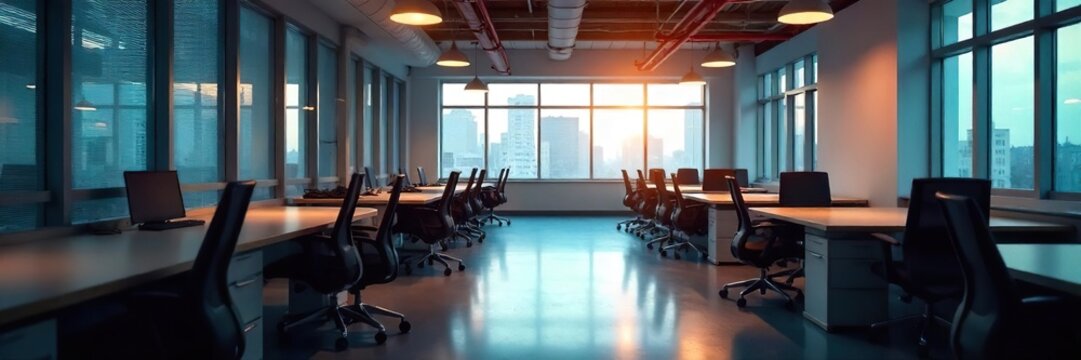 Empty office desks, chairs stacked, lights off, signifying closure or relocation A sense of quiet emptiness pervades the scene, hinting at departure or transition , office space, furniture