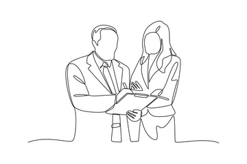 Continuous line drawing of business colleagues discussing work holding a clipboard