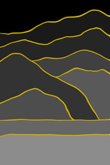 minimalist black and white illustration depicting a stylized mountain range. The image features several undulating white lines on a black background, creating a layered effect that suggests depth