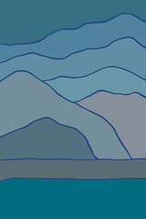 minimalist blue and gradation illustration depicting a stylized mountain range. The image features several undulating white lines on a black background, creating a layered effect that suggests depth