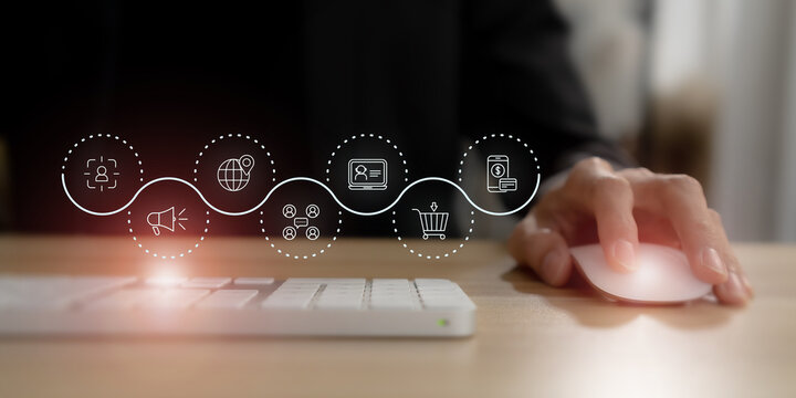 Digital marketing strategy concept. Target customer, buyer persona, customer analysis. Personalization marketing, customer centric strategies. Businessman using computer to analyze customer behaviors.