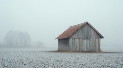 Rustic Wooden Barn in Misty Field Ethereal Atmosphere Rural Landscape Simplicity Tranquility Mystery Serene Weather Old Structure Nature