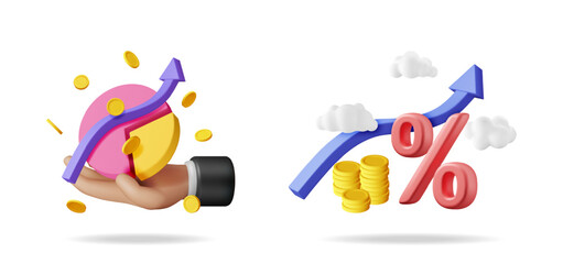 Man's hand holding pie chart with upward arrow and coins. Increasing interest rate with percentage sign and rising trend diagram.