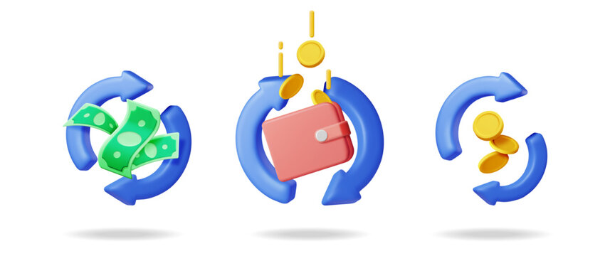 Collection of 3D vector illustrations depicting money exchange icon set. Financial transaction, cashback and money transfer concept.