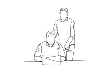 Businessman working on laptop with supervisor guiding continuous line drawing